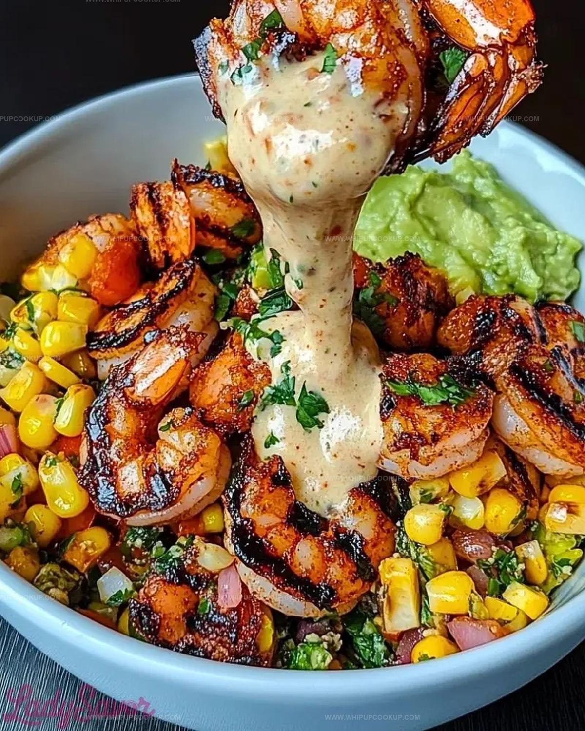Grilled Shrimp Bowl with Avocado, Corn Salsa & Creamy Sauce Recipe