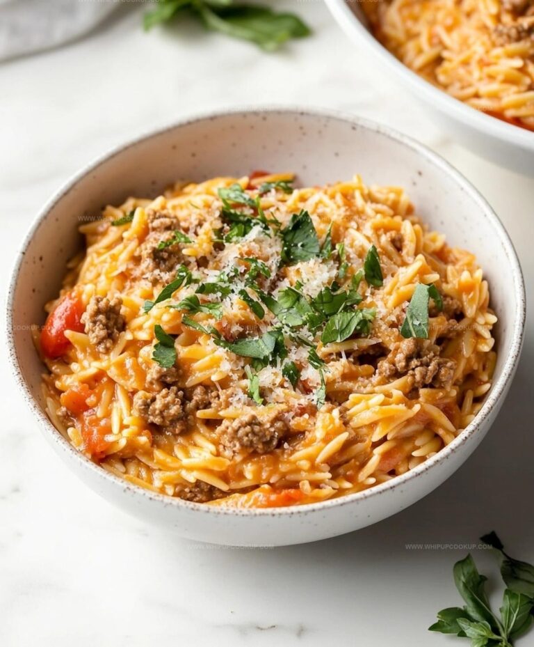 Ground Beef Orzo With Tomato Cream Sauce Recipe