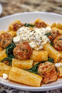 Zesty Turkey & Ricotta Meatballs with Garlic Spinach Rigatoni Recipe