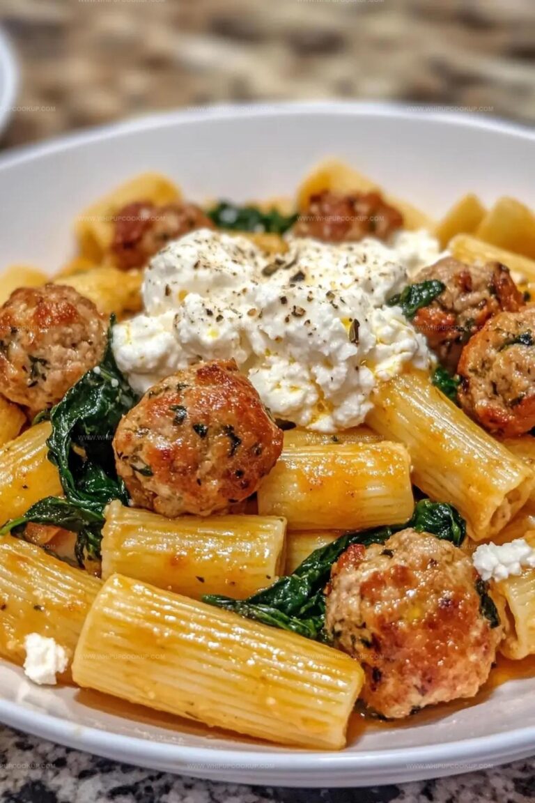 Zesty Turkey & Ricotta Meatballs with Garlic Spinach Rigatoni Recipe