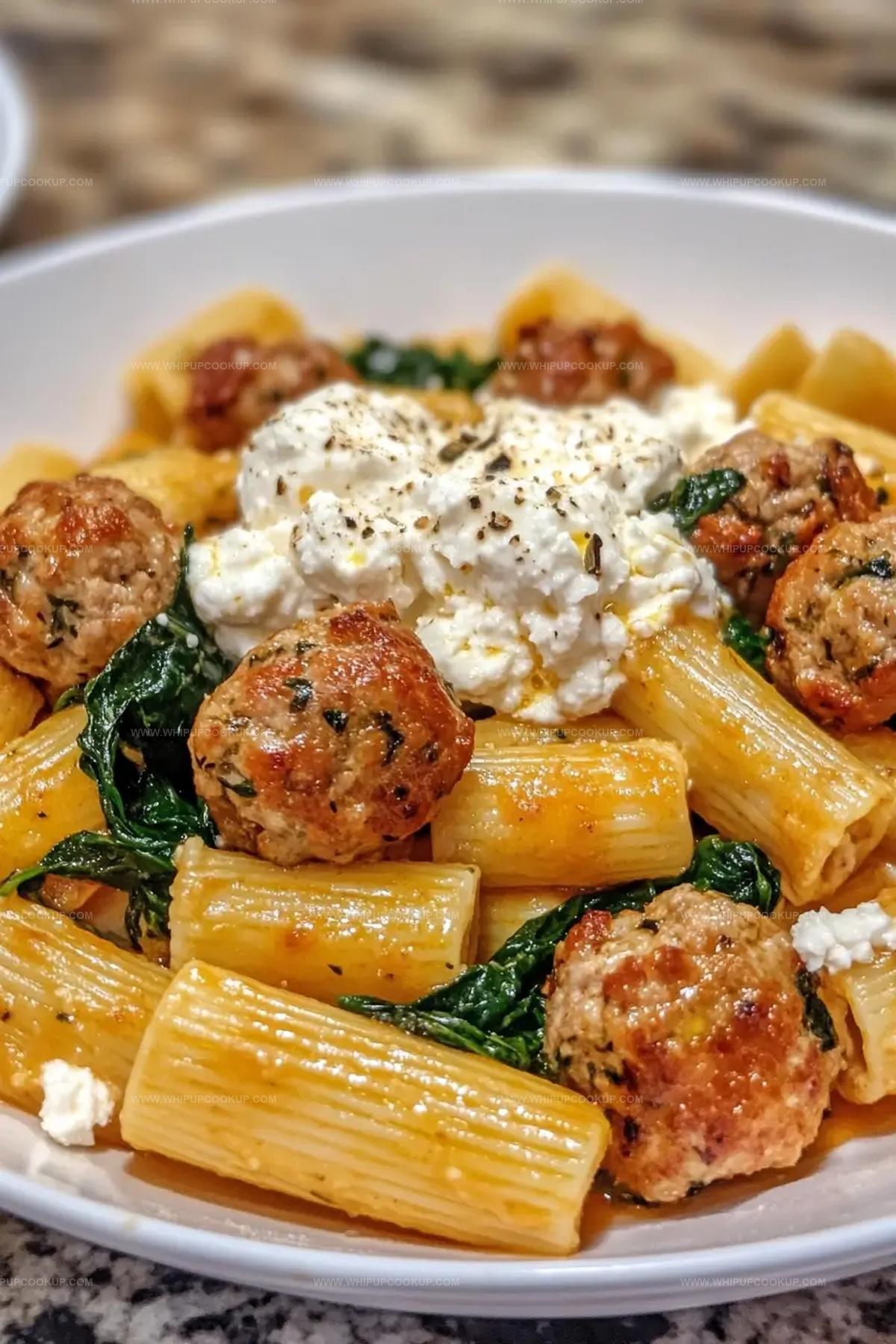 Zesty Turkey & Ricotta Meatballs with Garlic Spinach Rigatoni Recipe