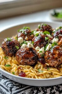 Cranberry & Goat Cheese Chicken Meatballs with Lemon Garlic Orzo Recipe