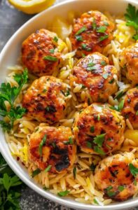 Greek Chicken Meatballs with Lemon Orzo Recipe