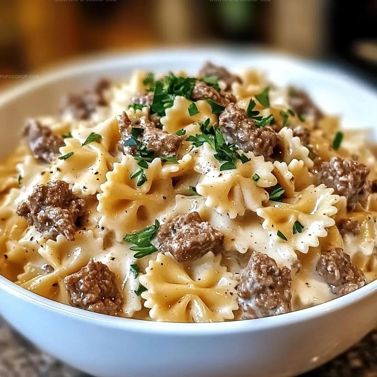 Beef and Bowtie Pasta with Alfredo Sauce Recipe