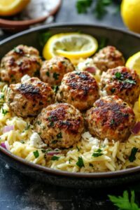 Lemon Chicken Feta Meatballs with Garlic Orzo Recipe