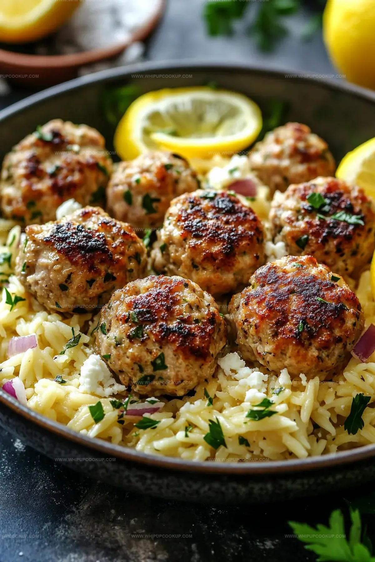 Lemon Chicken Feta Meatballs with Garlic Orzo Recipe