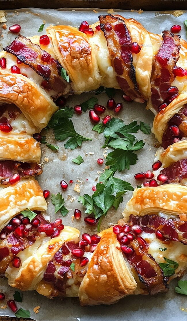 Preparing Christmas Bacon and Pomegranate Pastry Wreath